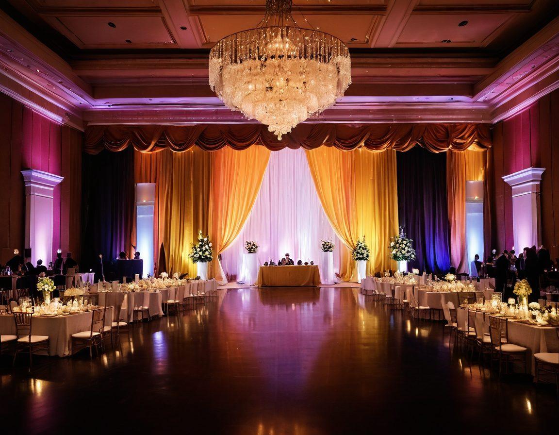 A vibrant scene showcasing an elegant event with luxurious banners that capture attention. The background features softly glowing lights and an array of sophisticated decorations, illustrating the transformation of a simple venue into a premium setting. Include diverse people gathered, admiring the banners, exuding joy and excitement. The color palette should be rich and inviting, emphasizing creativity and elegance. super-realistic. vibrant colors.