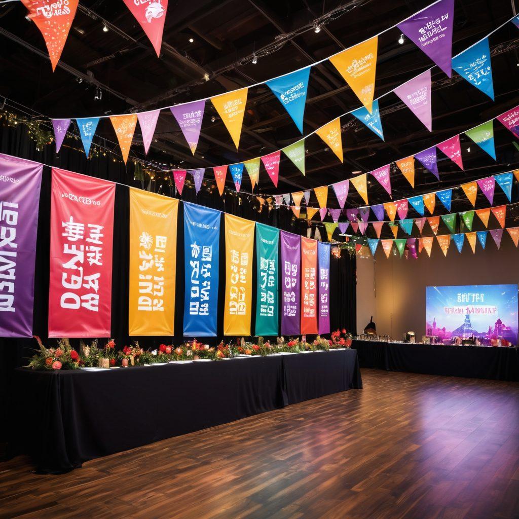 A vibrant, bustling party scene with colorful banners hanging across the venue, showcasing different promotion designs. An array of high-quality banners displaying various themes such as birthdays, corporate events, and celebrations, all emphasizing creativity and professionalism. Guests mingling and interacting around the banners, with bright lights and a festive atmosphere. The overall focus is on the banners as essential decoration elements that elevate the event experience. vibrant colors. super-realistic.