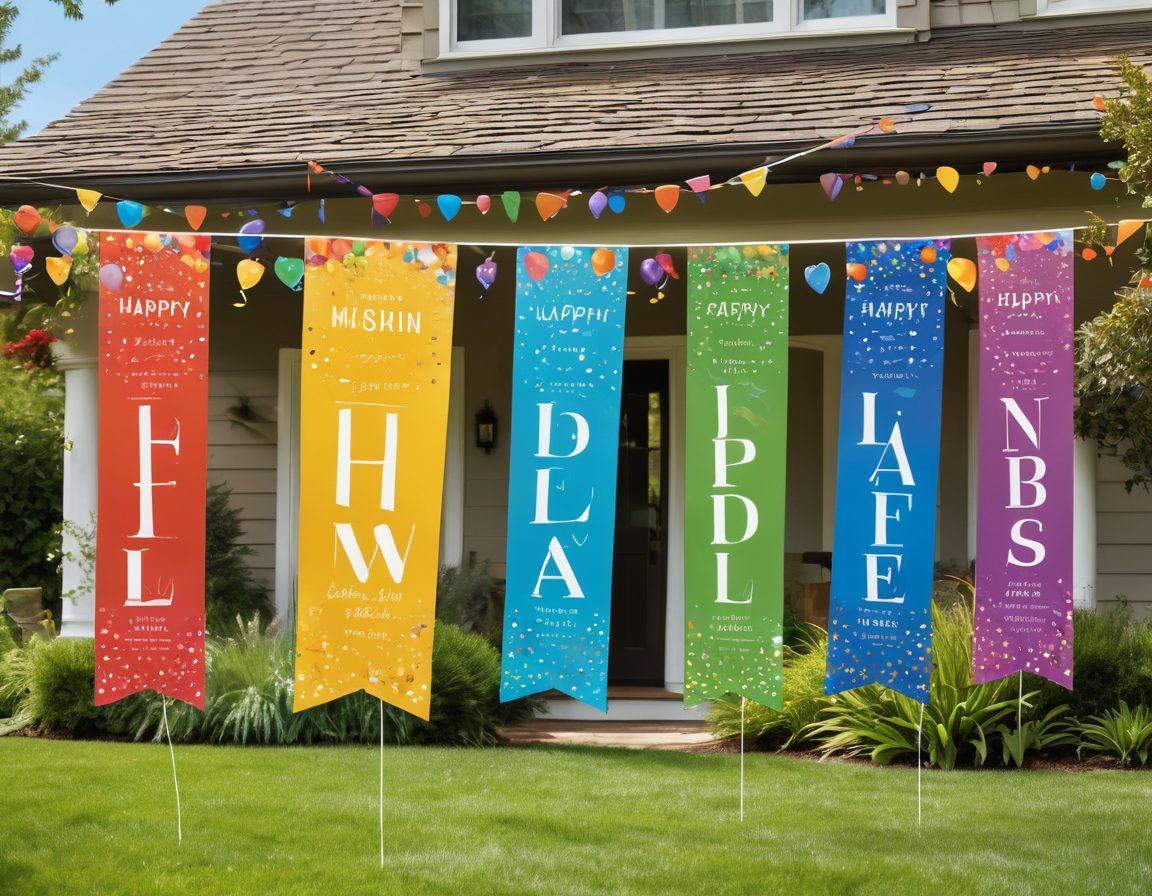 A colorful array of personalized banners hanging in a sunlit garden, featuring various celebration themes such as birthdays, weddings, and graduations. Each banner showcases unique names and festive designs with balloons and confetti scattered around. A joyful family is seen in the background, celebrating together. The scene radiates happiness and creativity. vibrant colors. super-realistic.